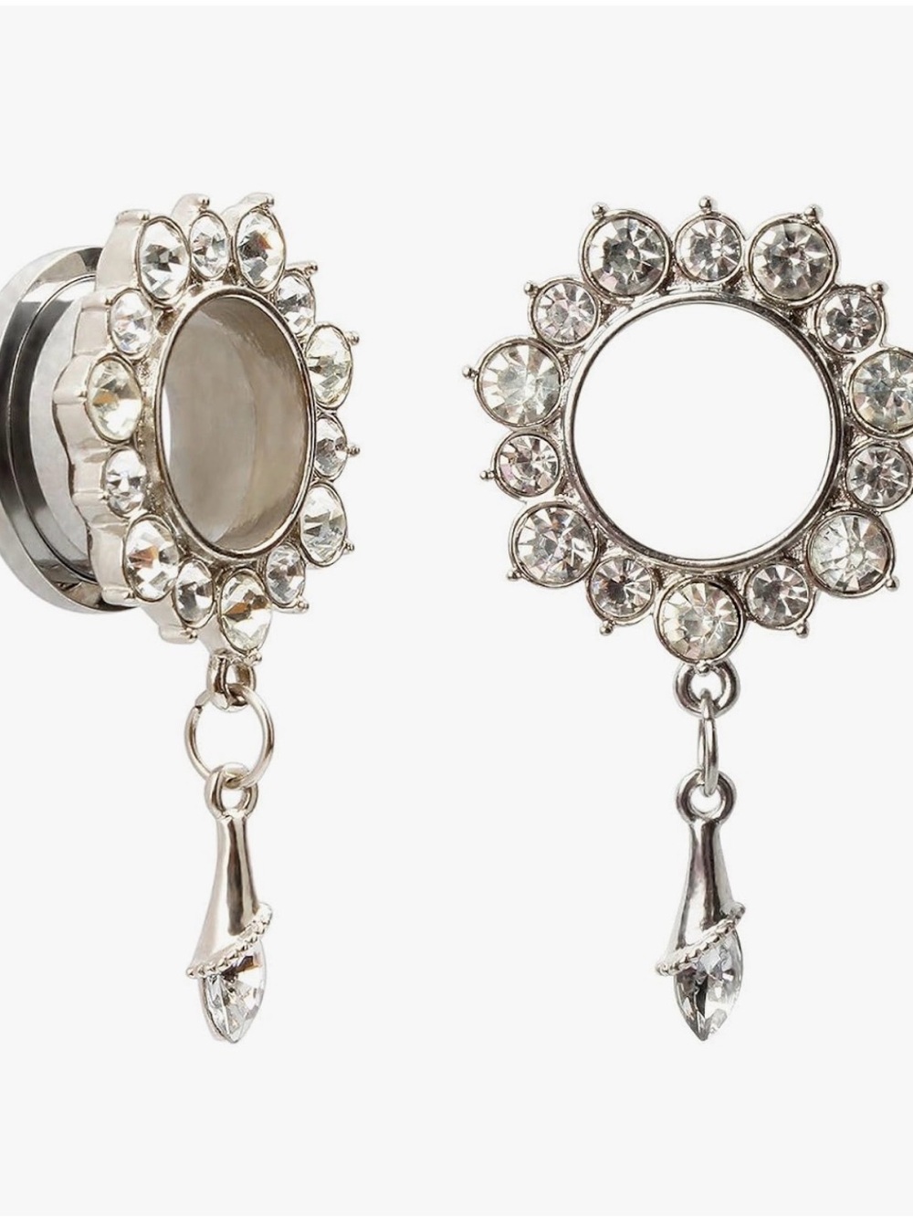 0Gauge Silver Crystal Sunburst Dangle Tunnel Plug Earrings